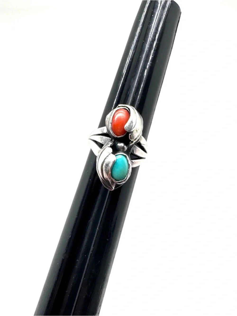 Vintage Sterling Silver Coral and Turquoise Ring Size 3 1/2